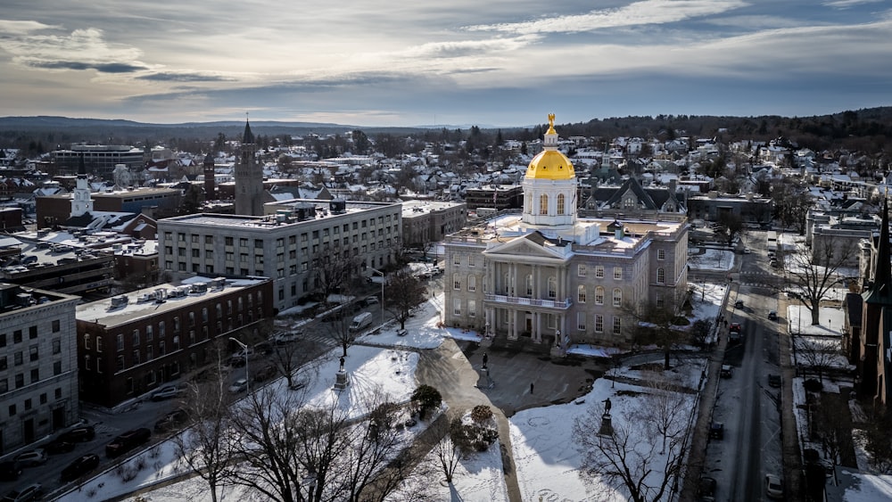 an aerial view of a city in winter