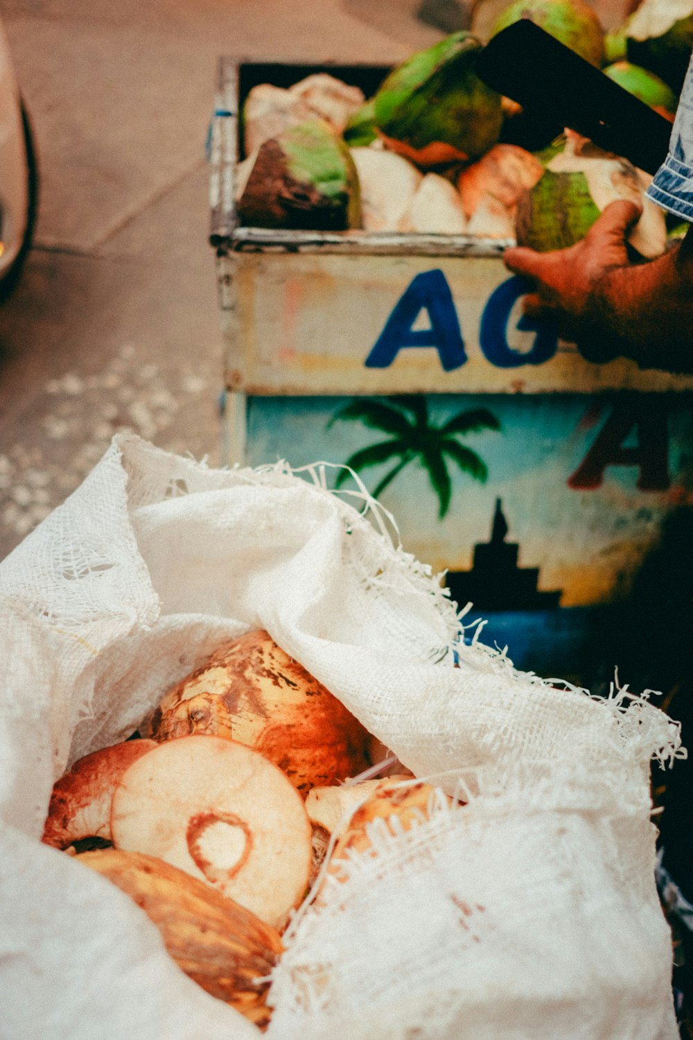 a close up of a bag of food on a street