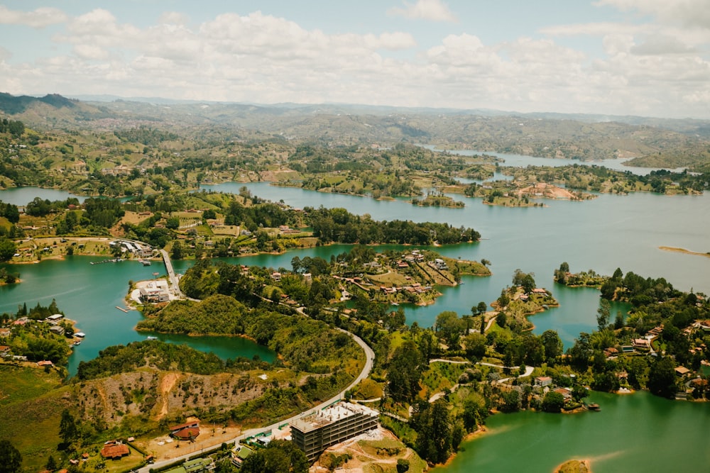 a large body of water surrounded by lush green trees