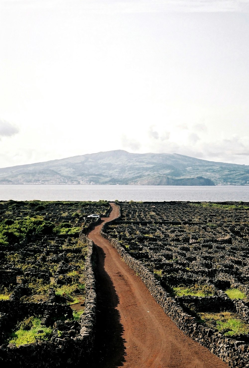 a dirt road with a mountain in the background