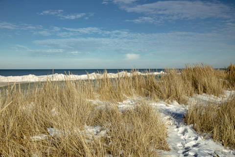 a sandy beach covered in snow next to the ocean