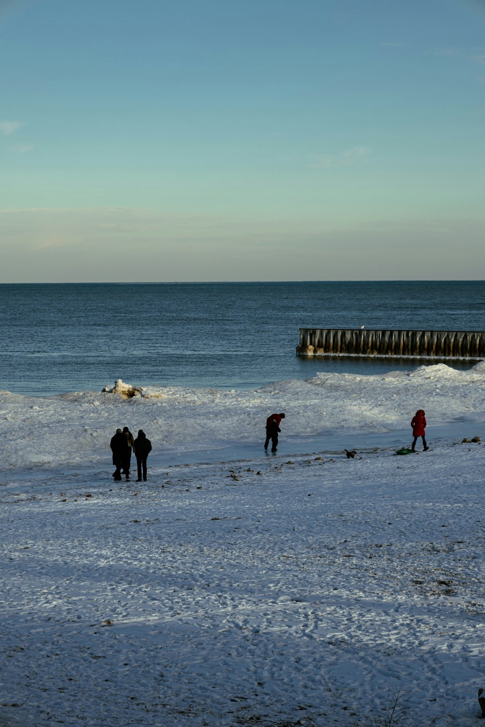 a group of people standing on top of a snow covered beach