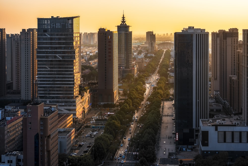 a view of a city with tall buildings