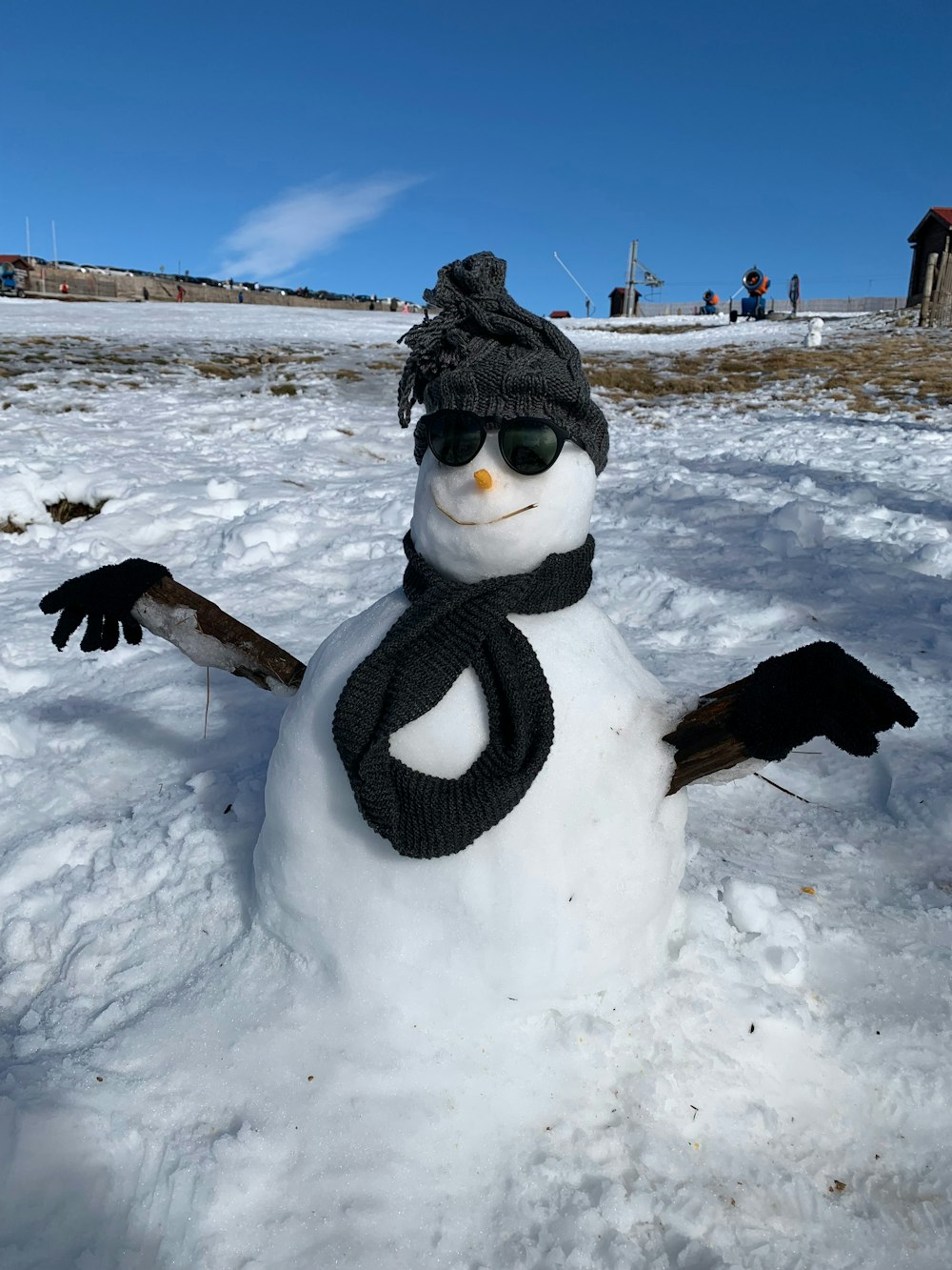 a snowman wearing a scarf and hat in the snow
