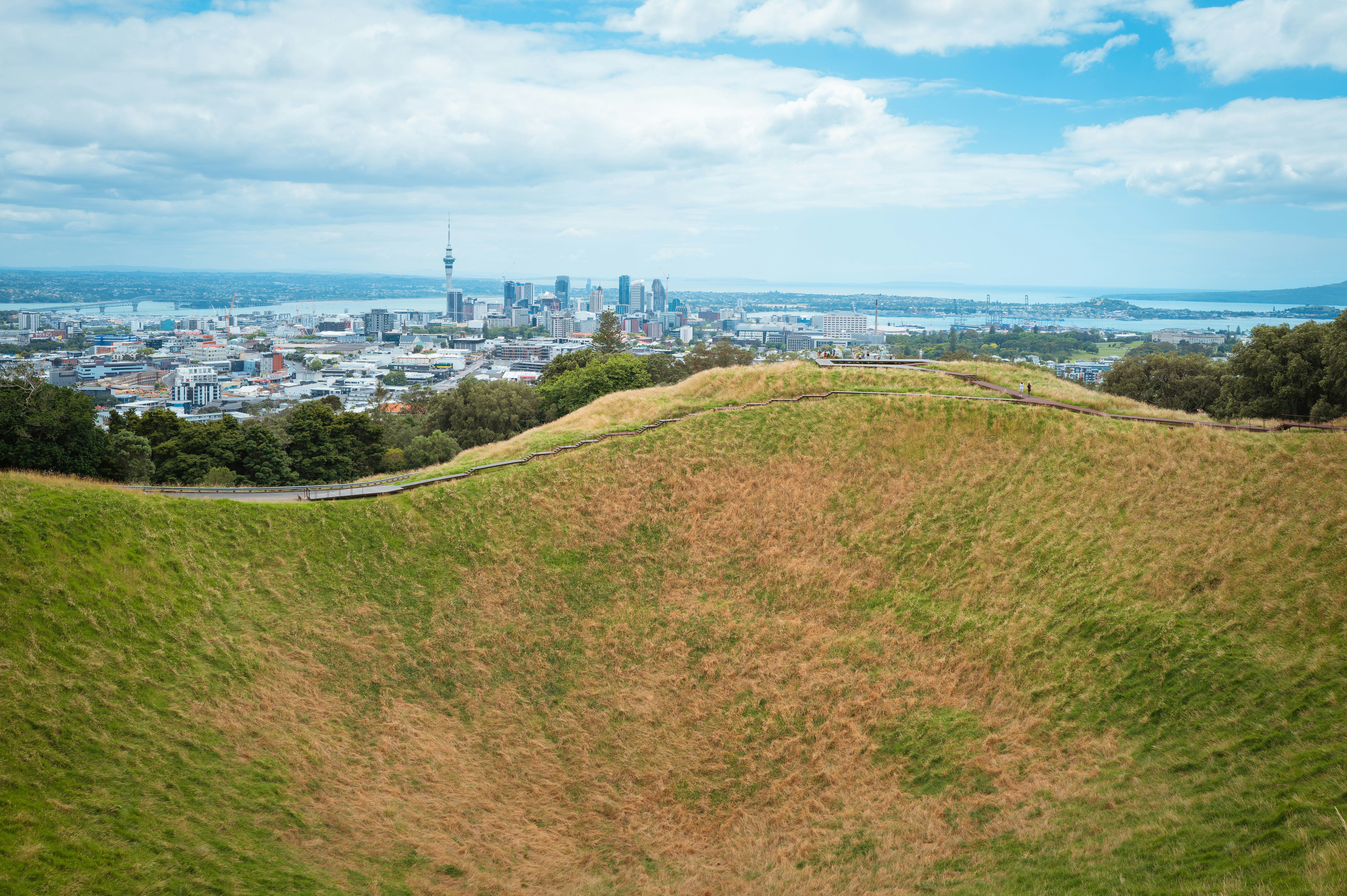 a grassy hill with a city in the background