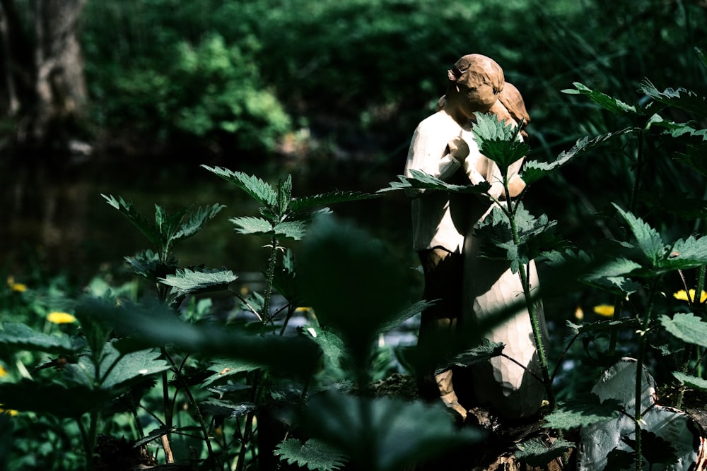 a statue of a person standing in the middle of a forest