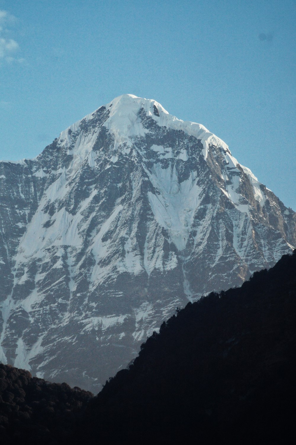 a snow covered mountain with a blue sky in the background