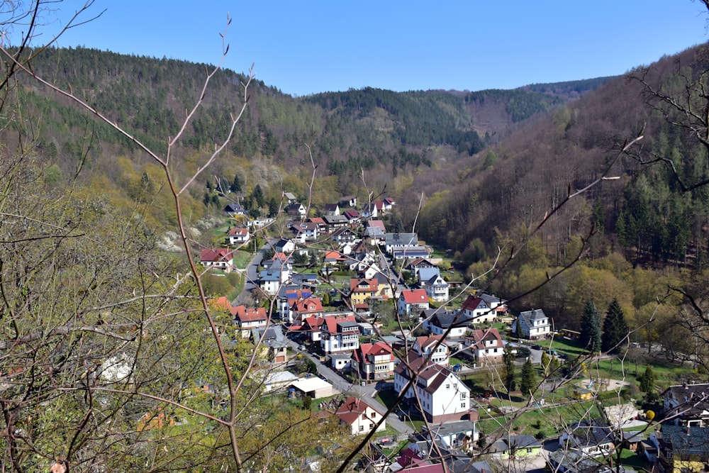 a small village nestled in a valley surrounded by mountains