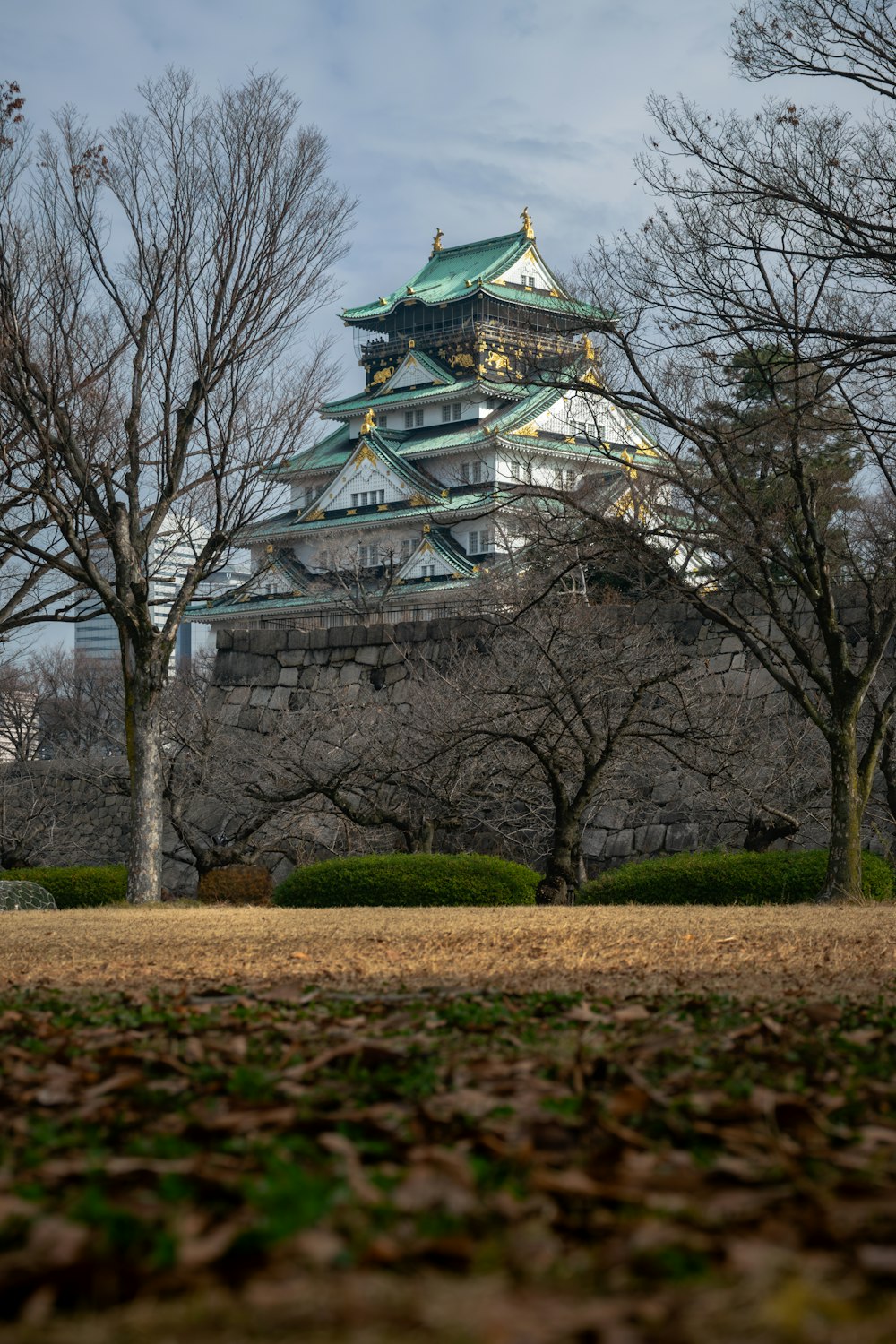 a tall building with a green roof surrounded by trees