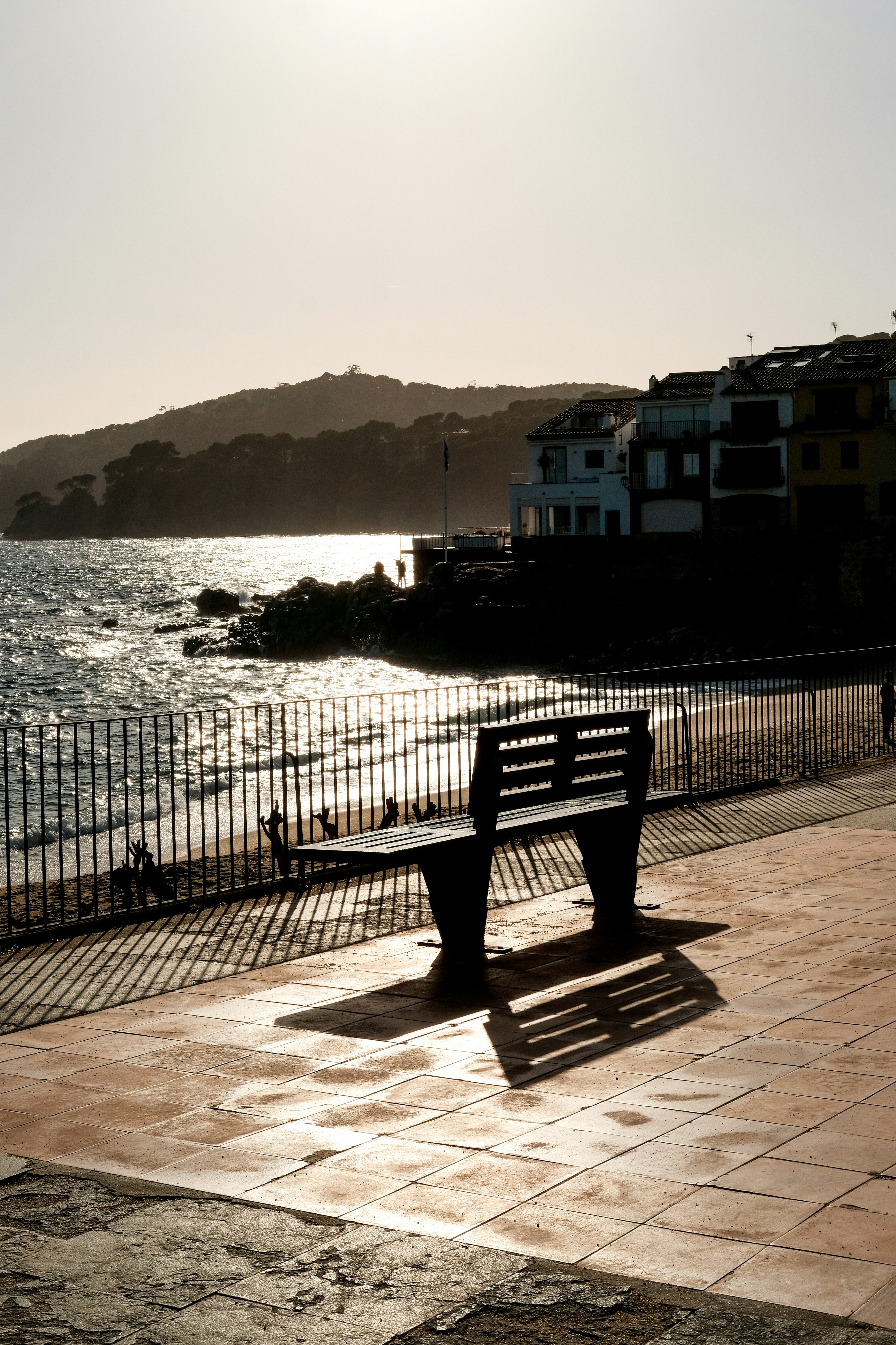 una panchina seduta in cima a un marciapiede accanto a uno specchio d'acqua