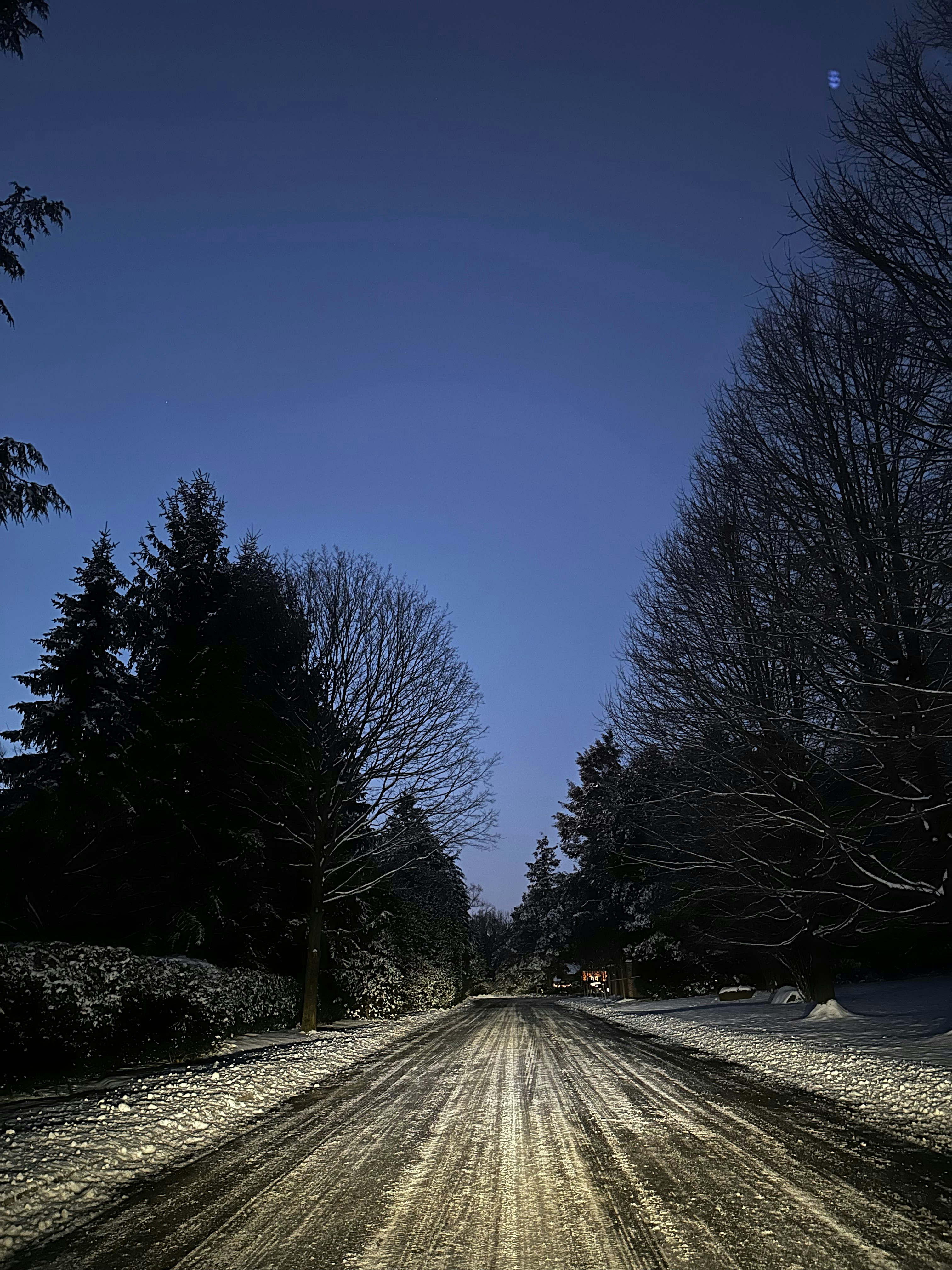 Quiet snowy neighborhood street at dusk with cleared driveways