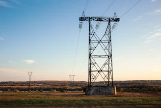 a tall metal tower sitting on top of a lush green field