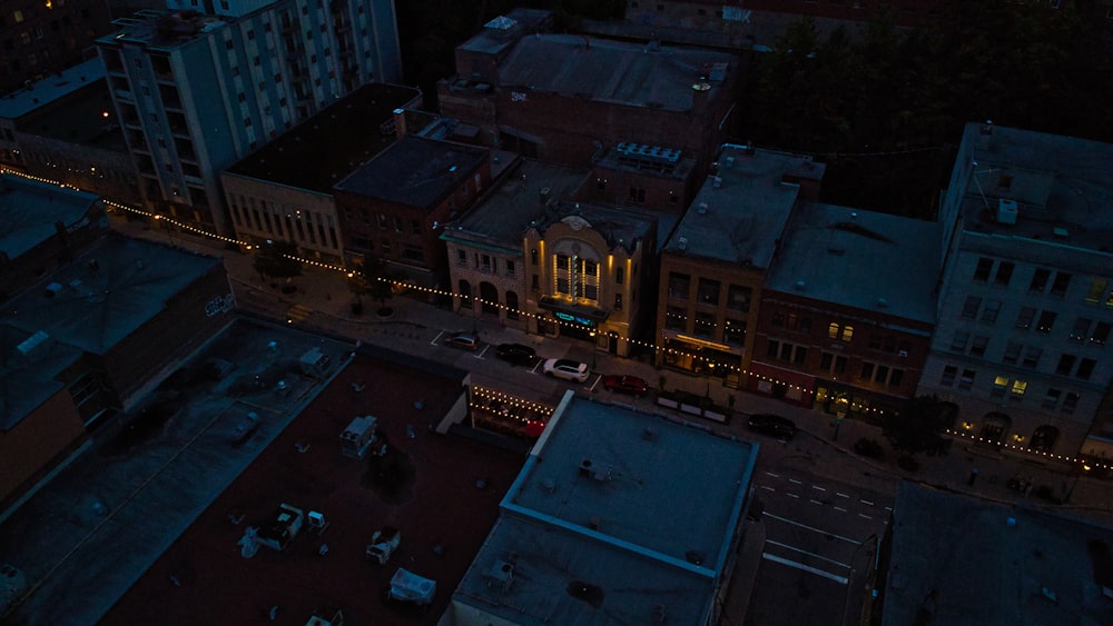 an aerial view of a city at night