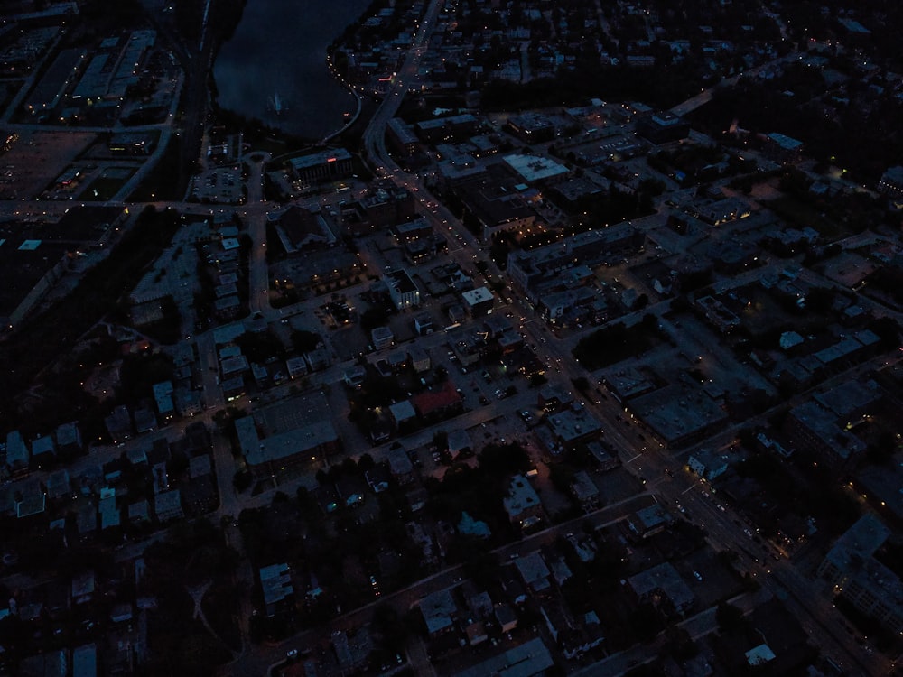 an aerial view of a city at night