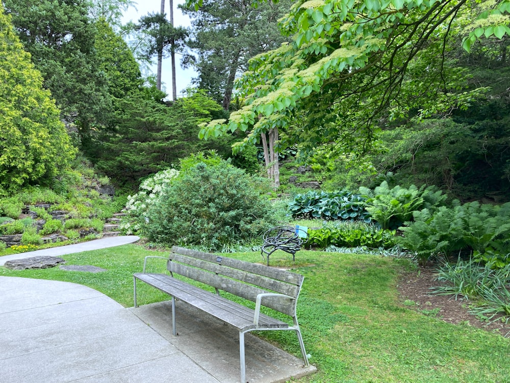 a park bench sitting in the middle of a lush green park