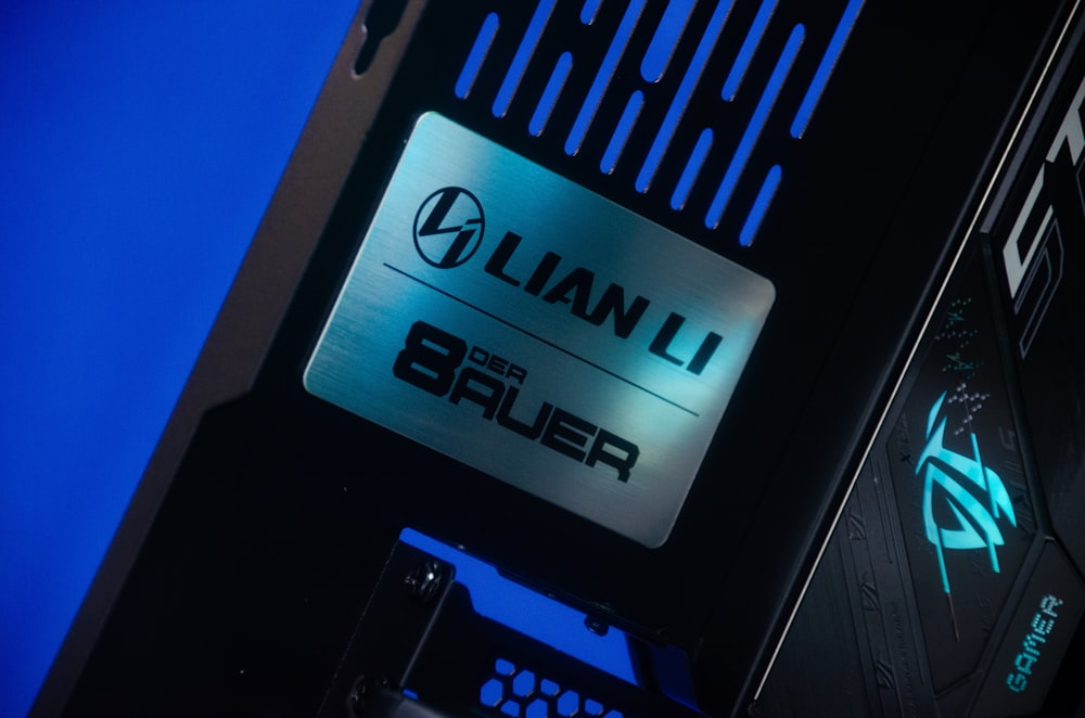 a close up of a computer with a logo on it