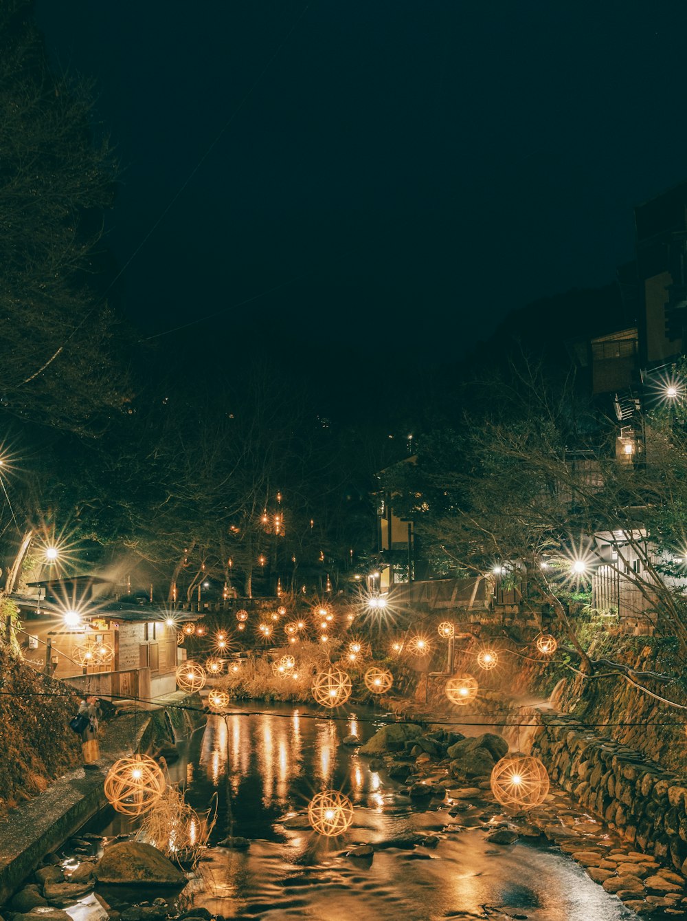 a stream of water surrounded by lots of lights