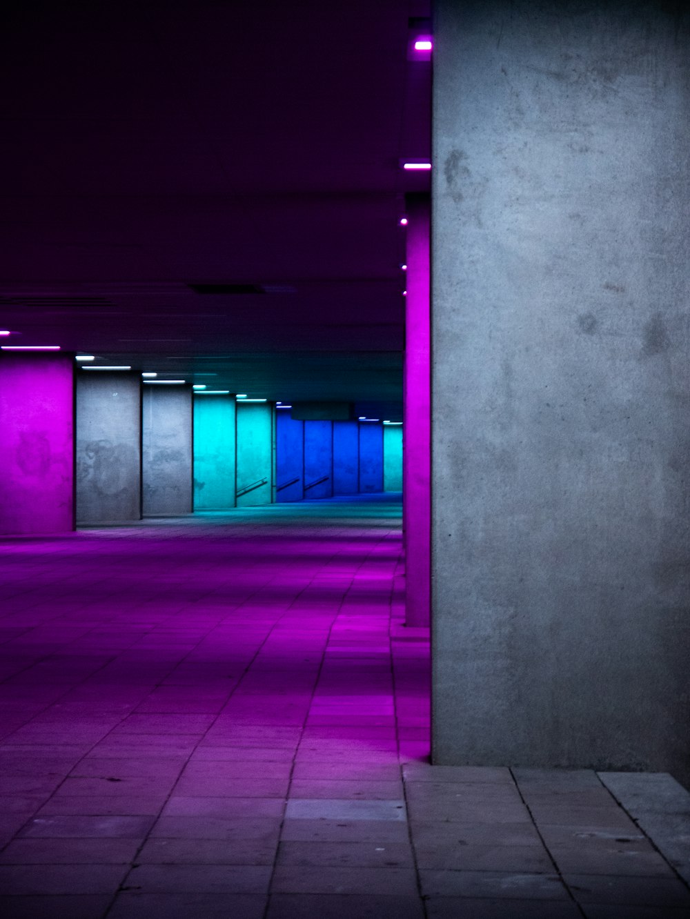 紫と青のライトが点灯した空っ��ぽの駐車場