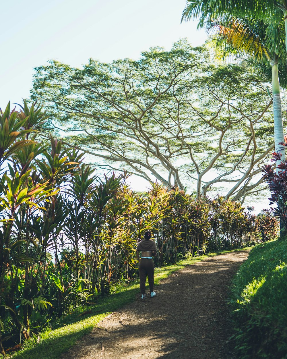 a man walking down a dirt road next to a lush green forest