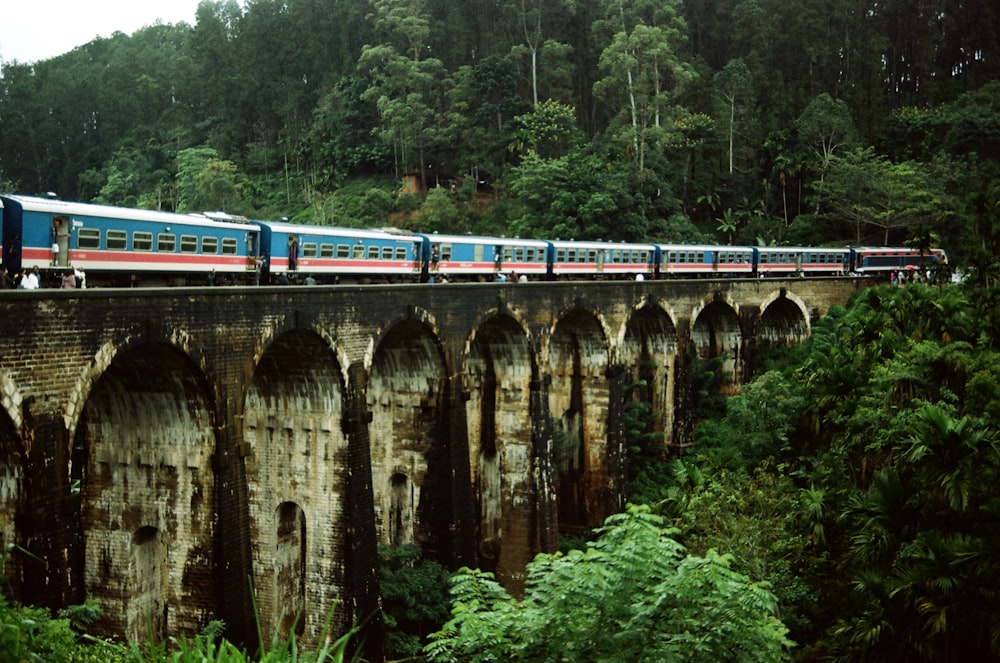 a blue and red train traveling over a bridge
