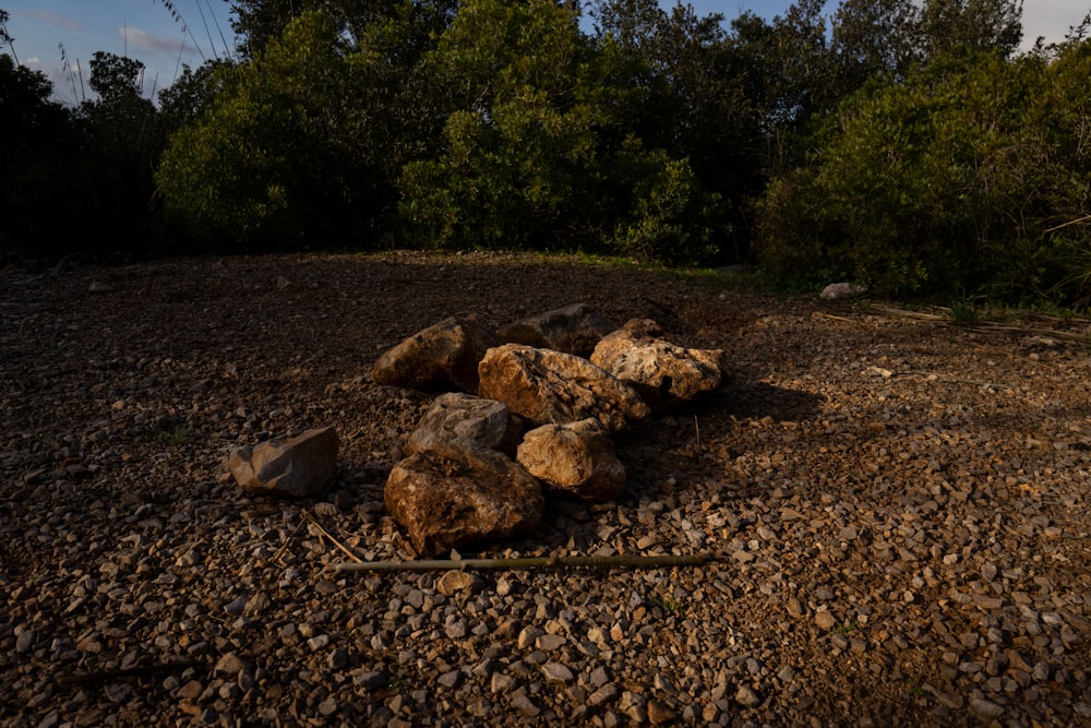 a pile of rocks sitting on top of a dirt field