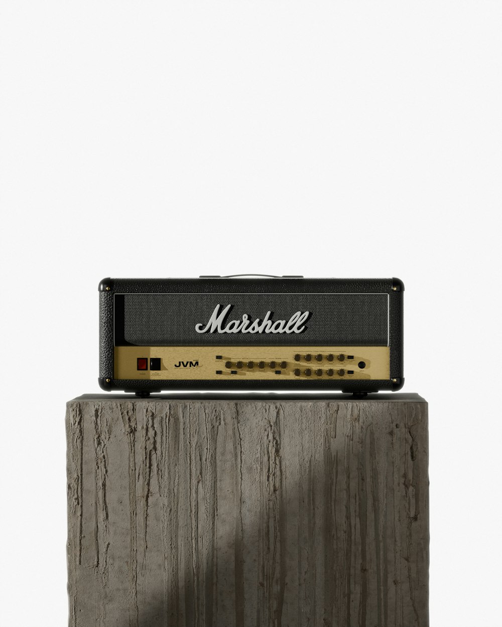 a marshall amp sitting on top of a piece of wood