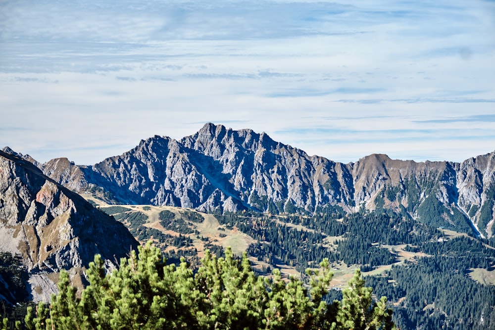 a mountain range with trees and mountains in the background