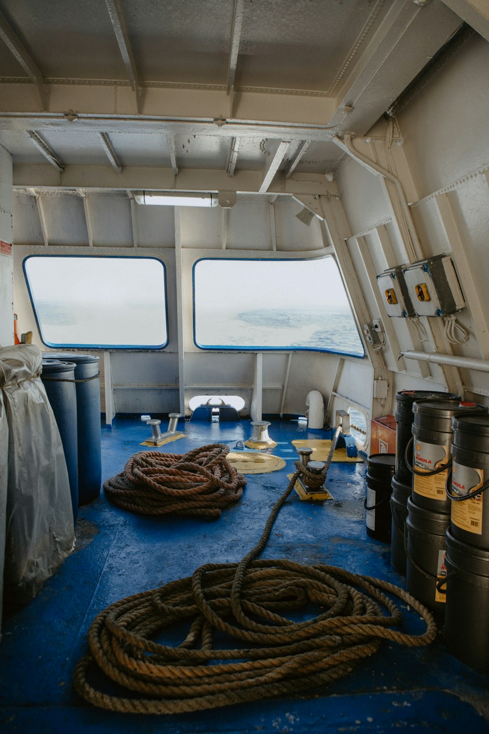 a rope is on the floor of a boat