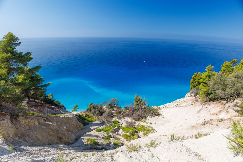 a view of the ocean from the top of a hill