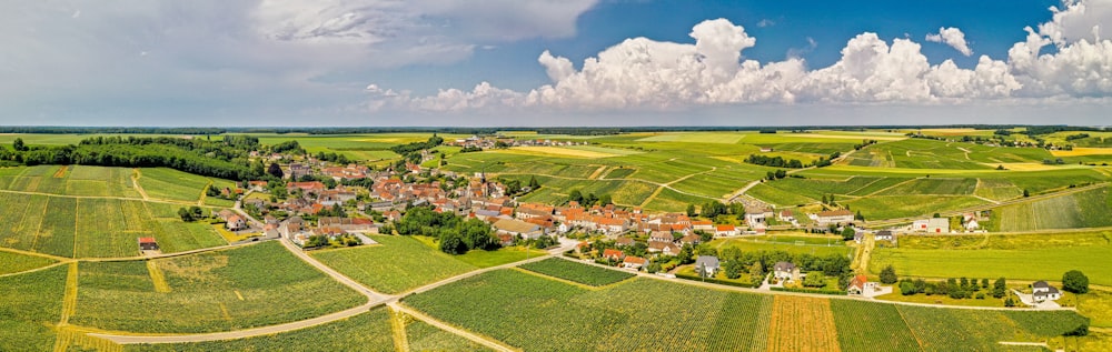 an aerial view of a village surrounded by fields