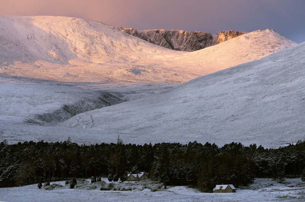 una montaña cubierta de nieve con una casa en primer plano