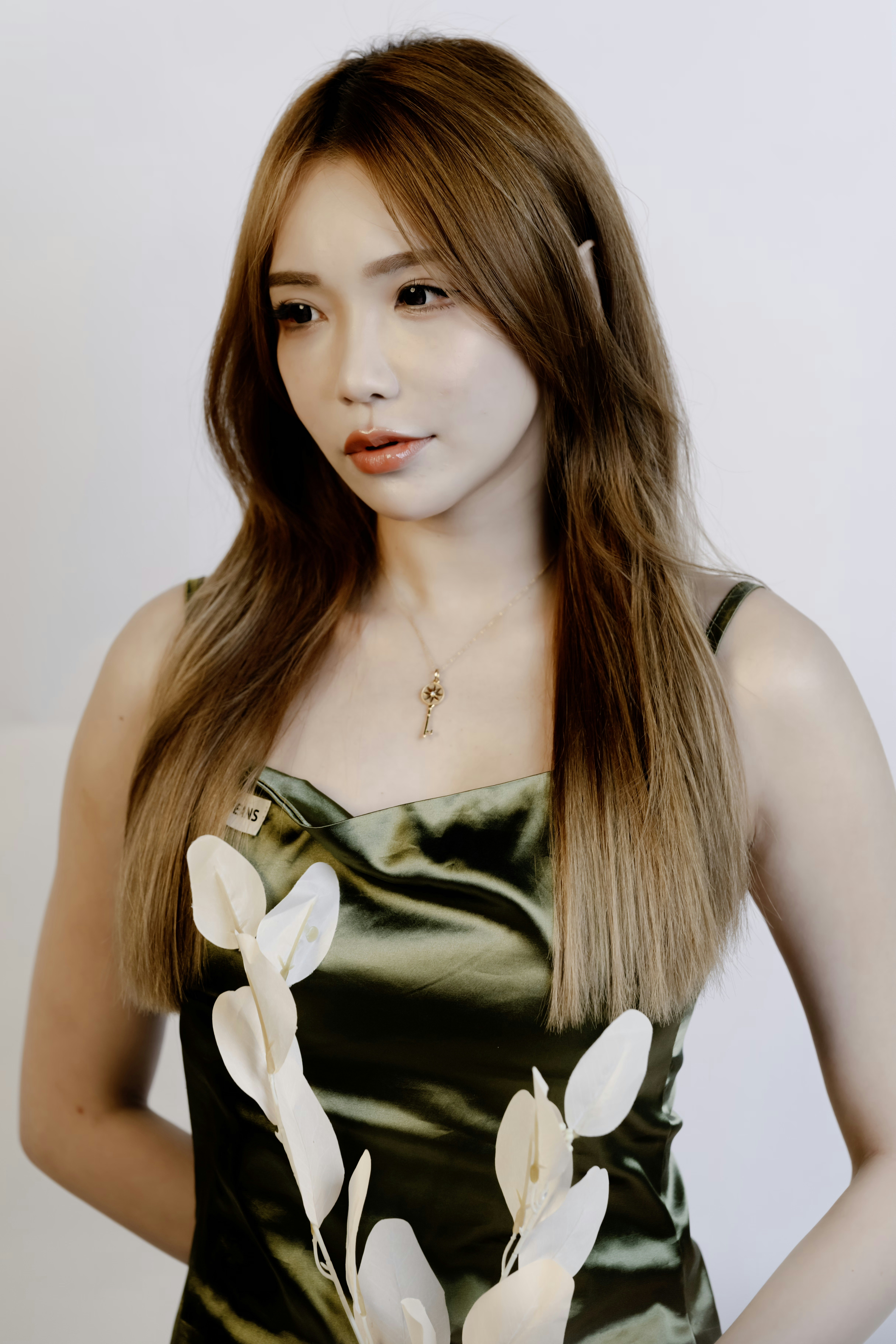 una mujer de pelo largo con un vestido verde