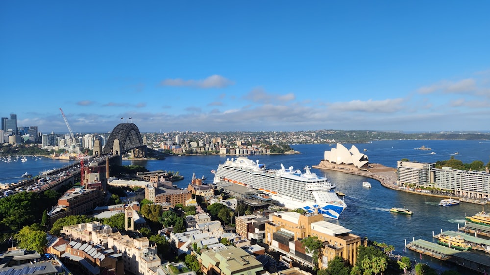 a cruise ship in the water near a city