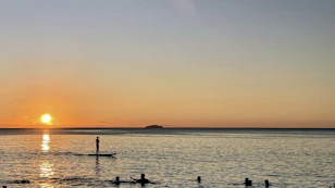 a group of people riding surfboards on top of a body of water