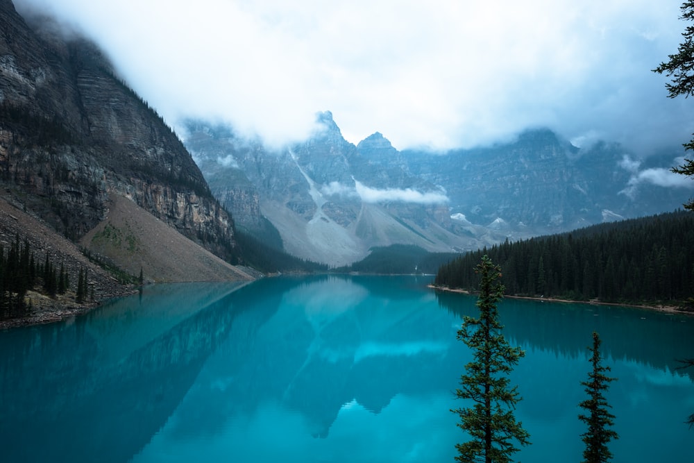 a blue lake surrounded by mountains under a cloudy sky