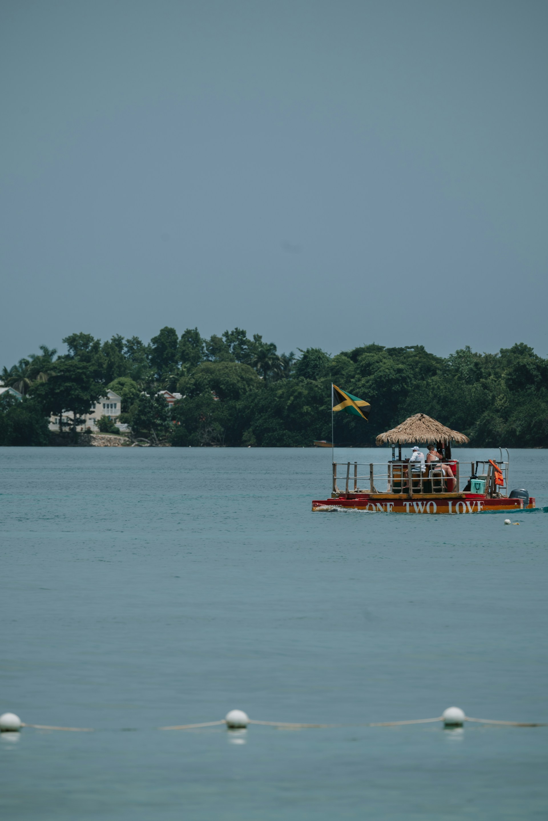 a boat with a thatched roof in the middle of a lake