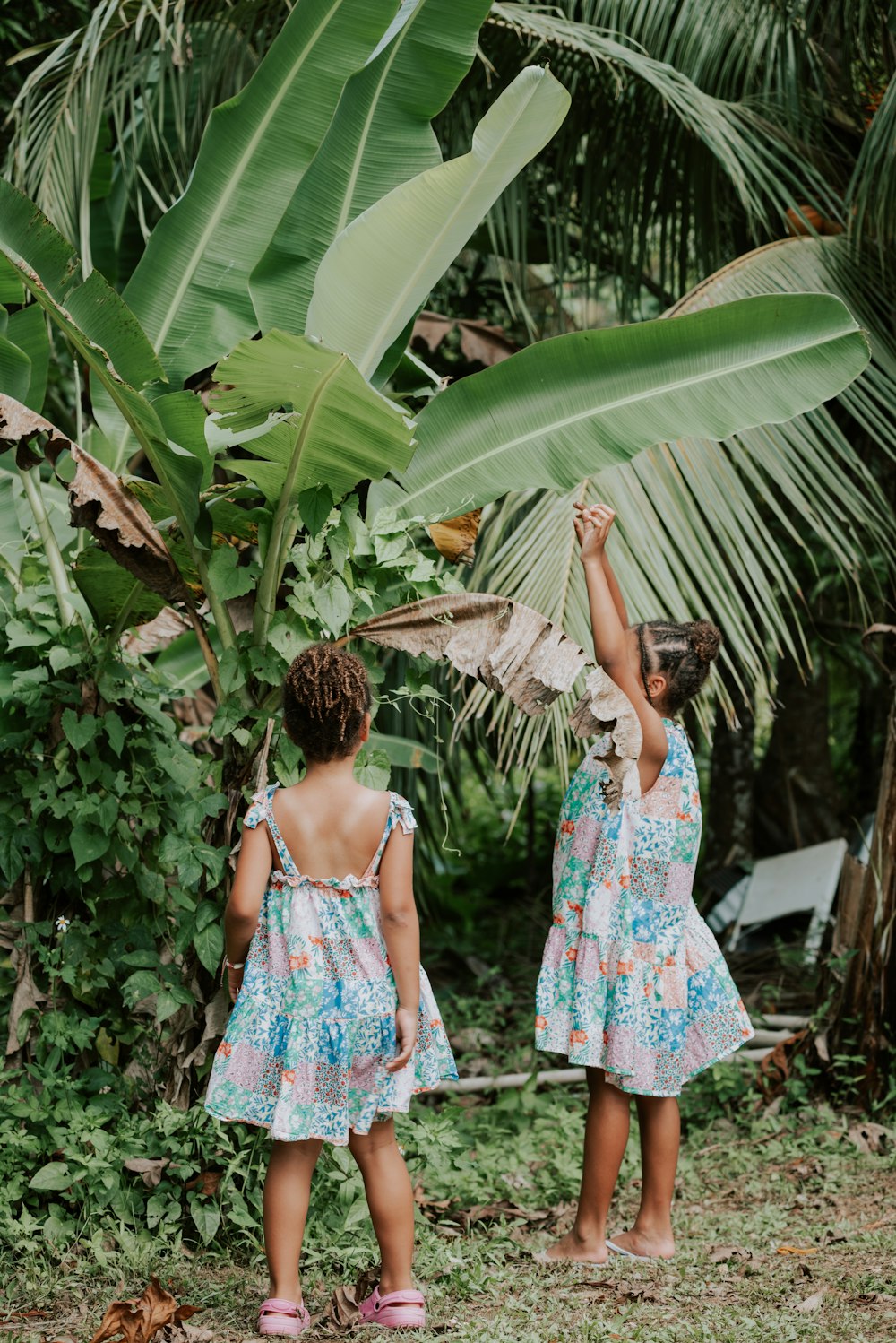 two little girls standing in front of a palm tree