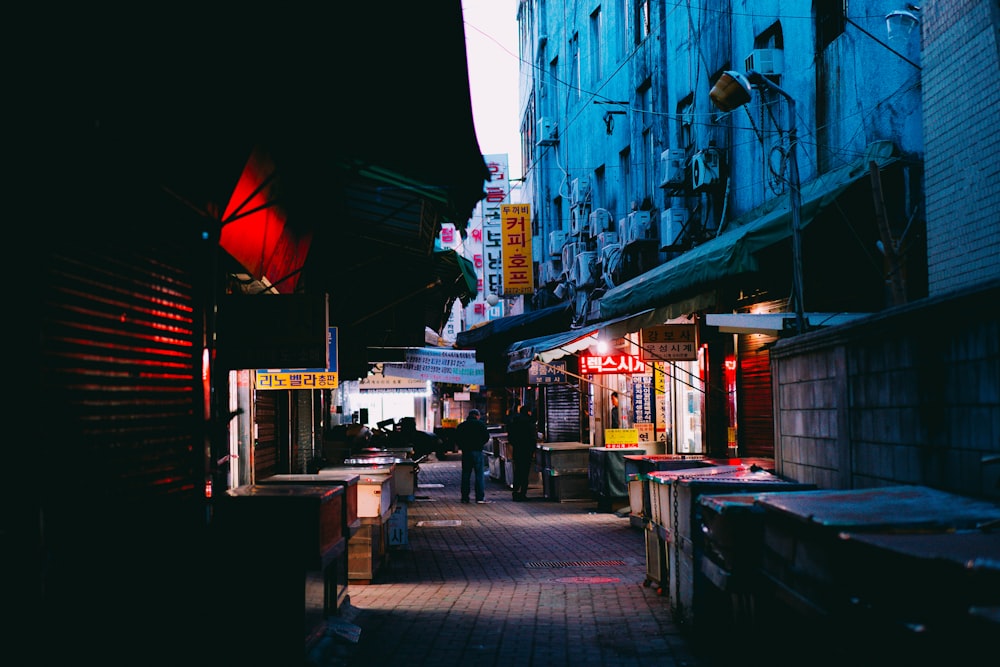 a dark alley with a person walking down it