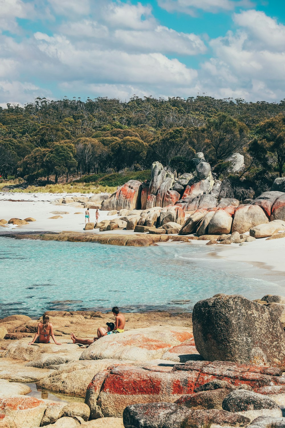 a couple of people sitting on top of a beach next to a body of water