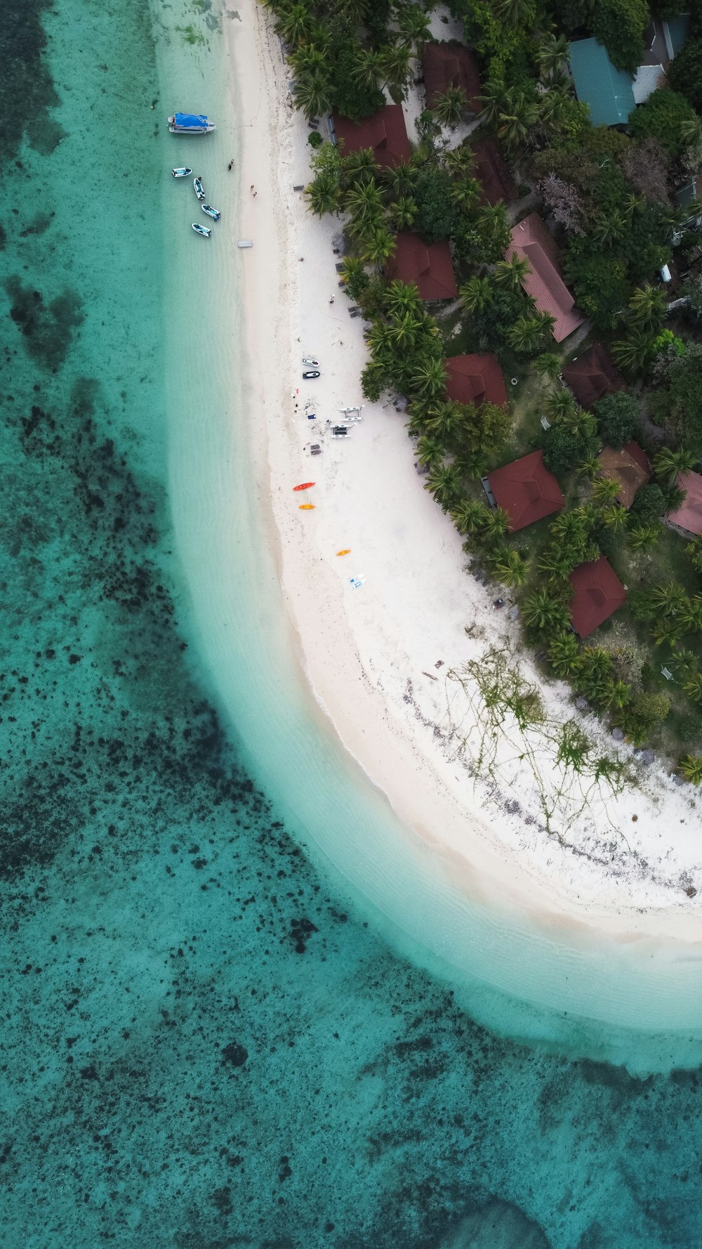 an aerial view of a tropical island with a sandy beach