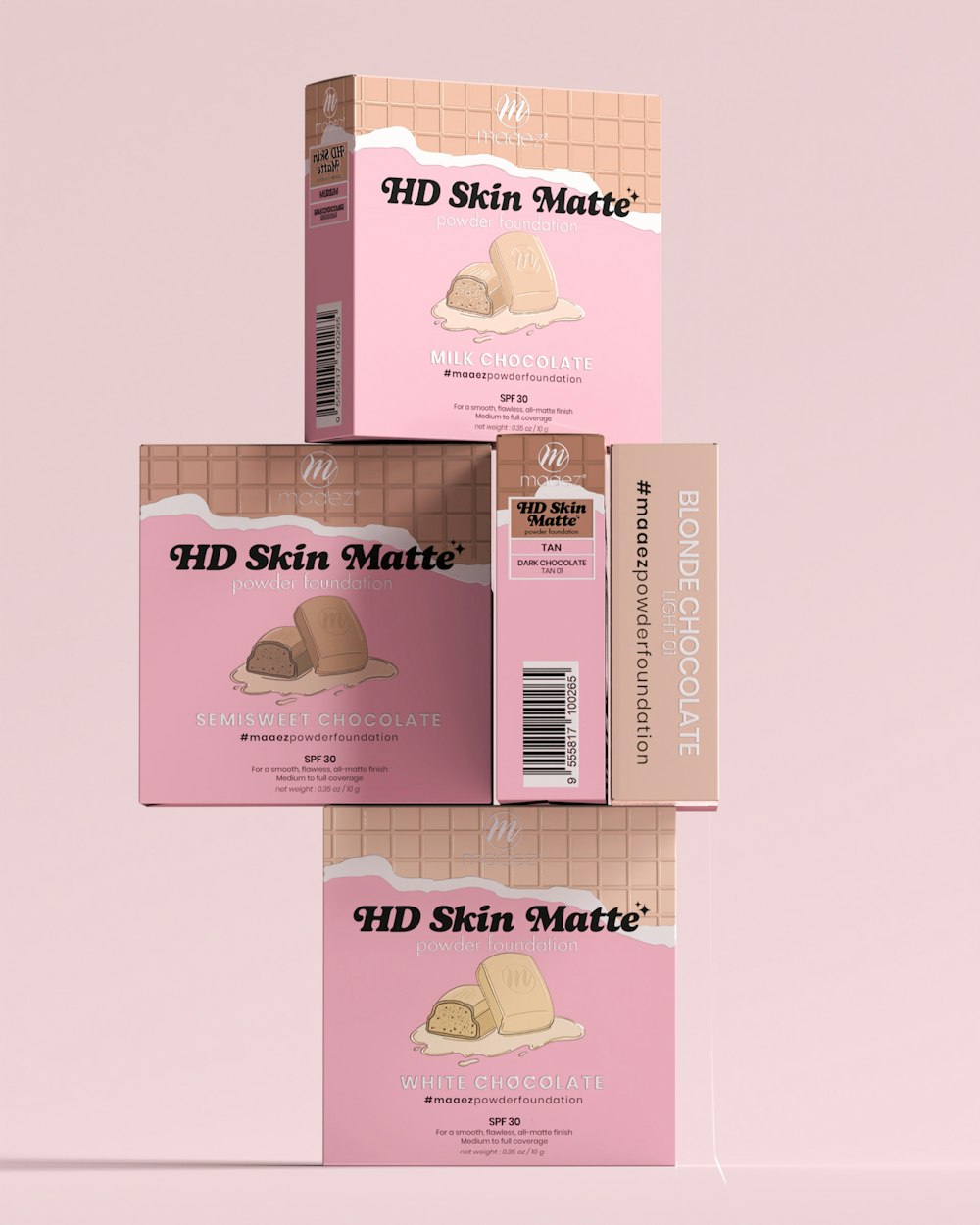 three boxes of skin matte on a pink background