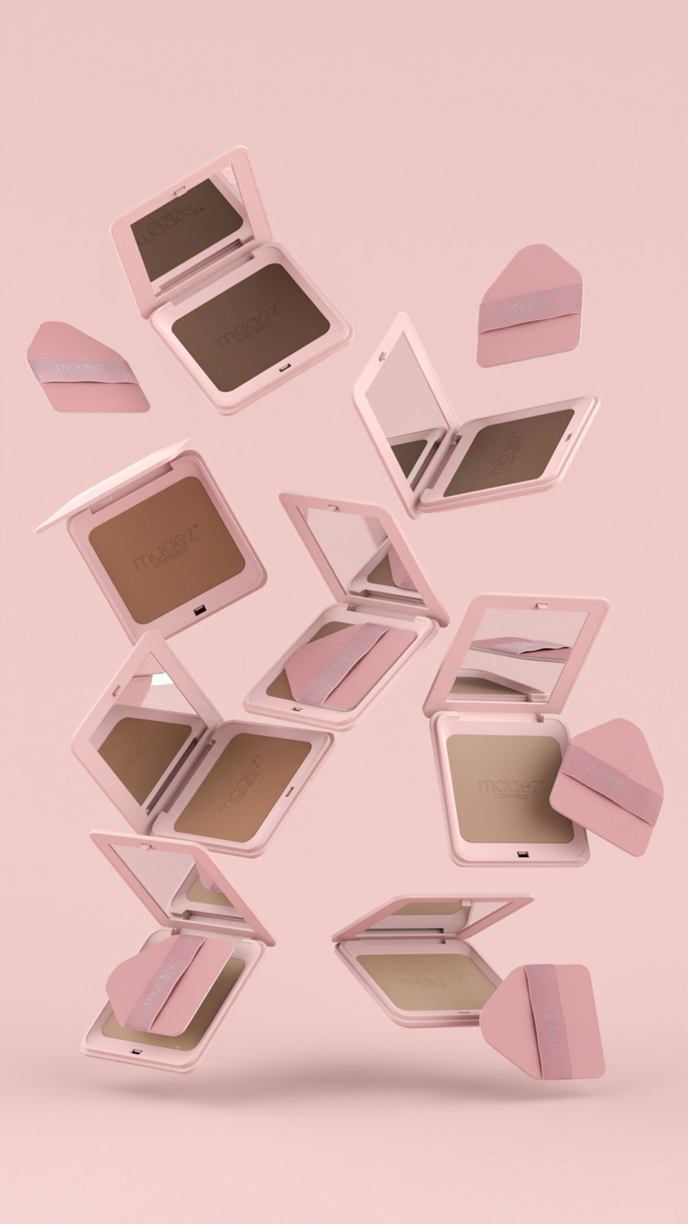 a group of different shades of makeup on a pink background