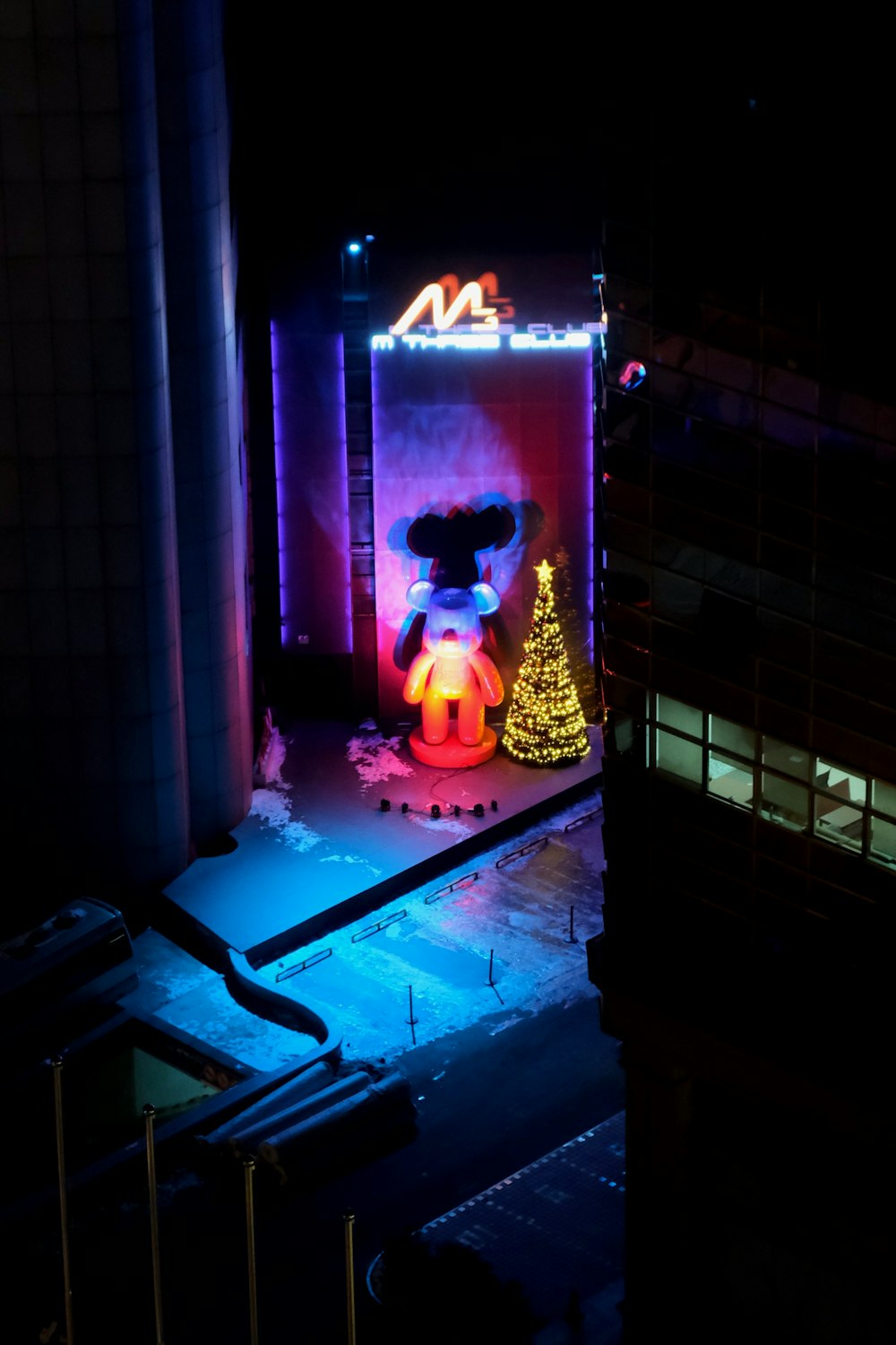 a building with a lit up christmas tree in front of it