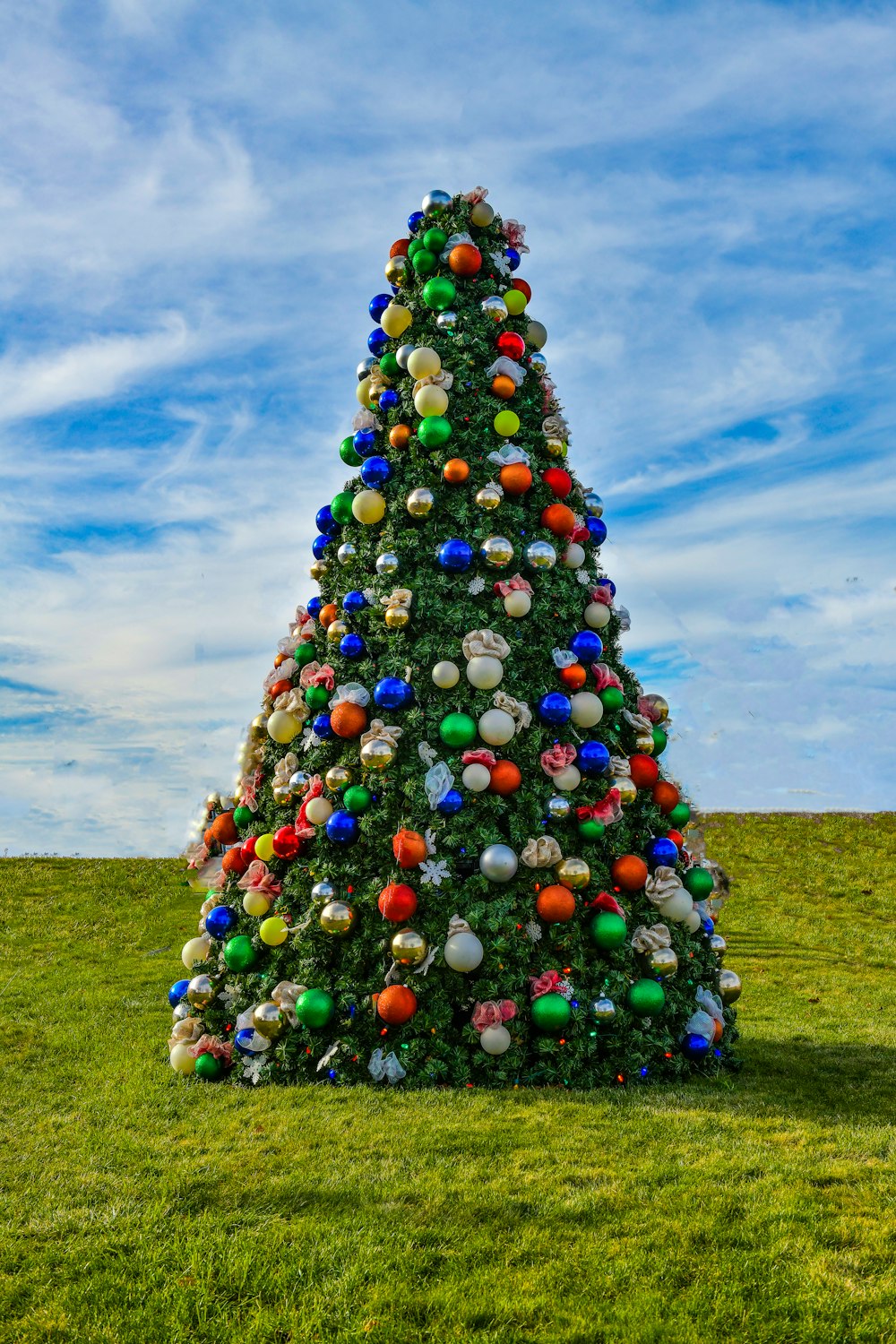 a large christmas tree in the middle of a field