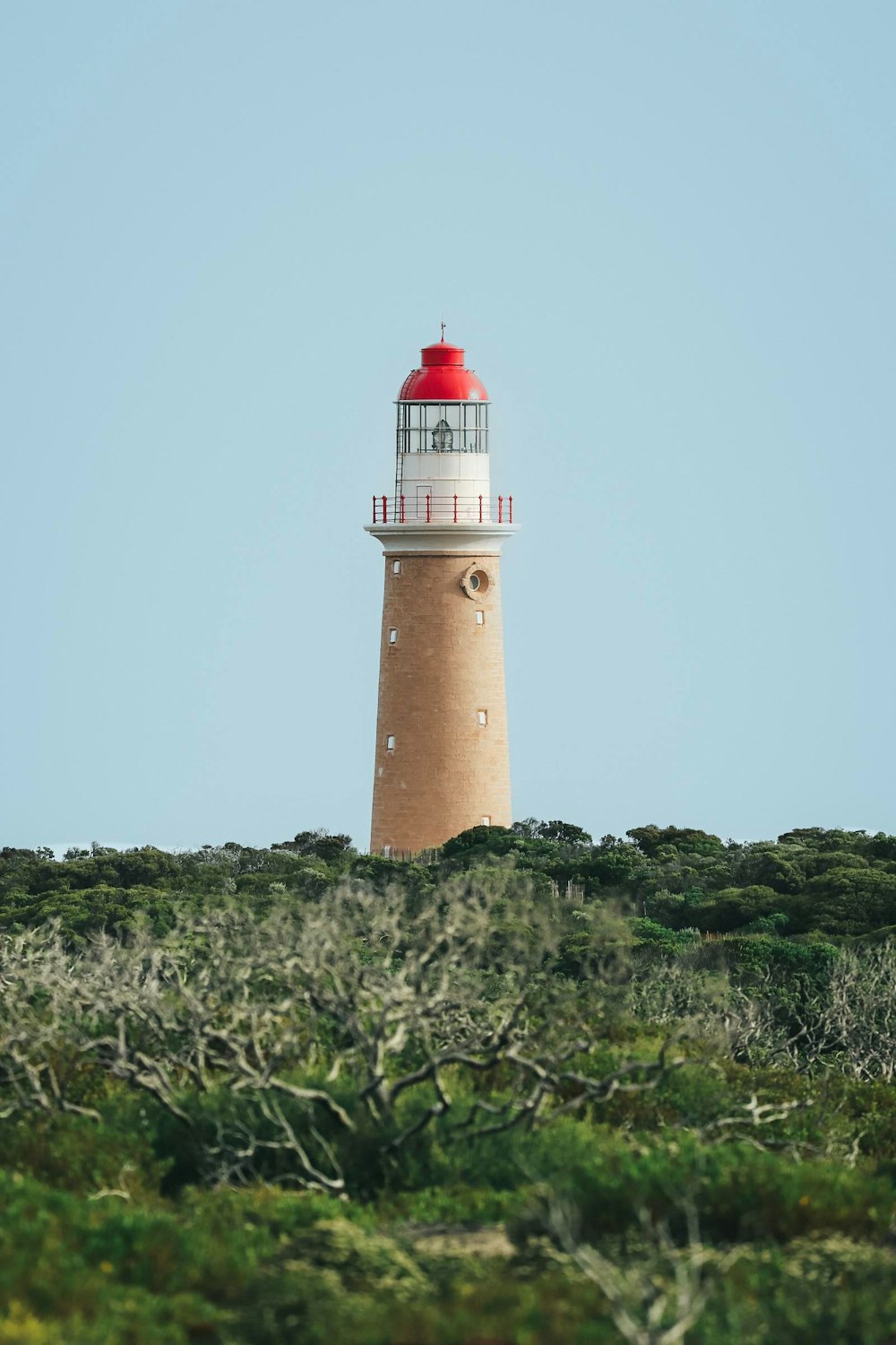 a red and white lighthouse on top of a hill