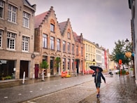 a woman walking down a street holding an umbrella