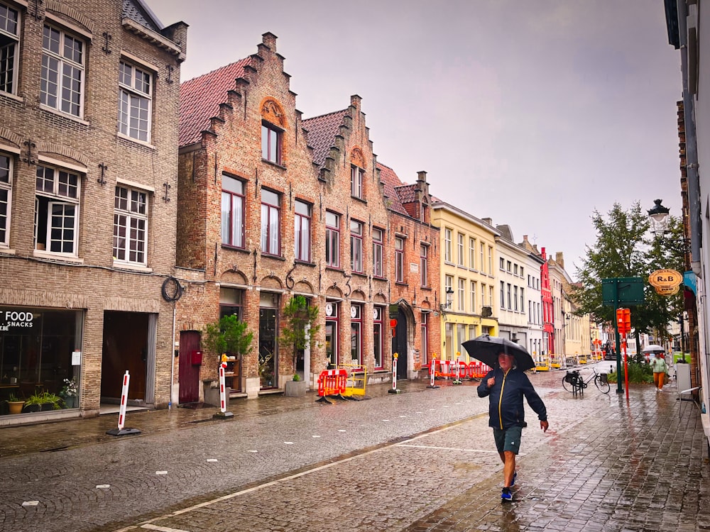 a woman walking down a street holding an umbrella