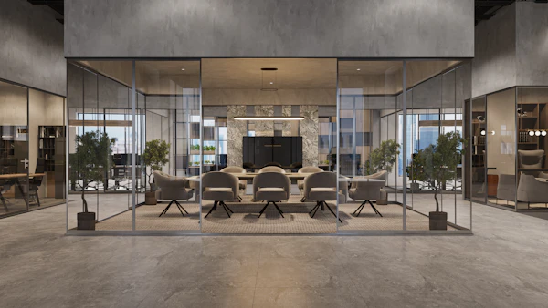 Glass-walled meeting room in a modern office