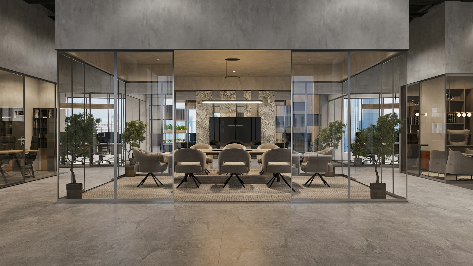 a glass walled meeting room with a table and chairs