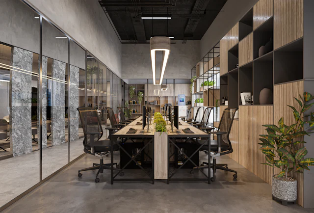 Glazed Bay with Long Desk — commercial glass partition interior design